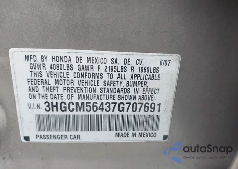 2007 Honda Accord 2.4 Lx z USA, uszkodzony, nr VIN 3HGCM56437G707691
